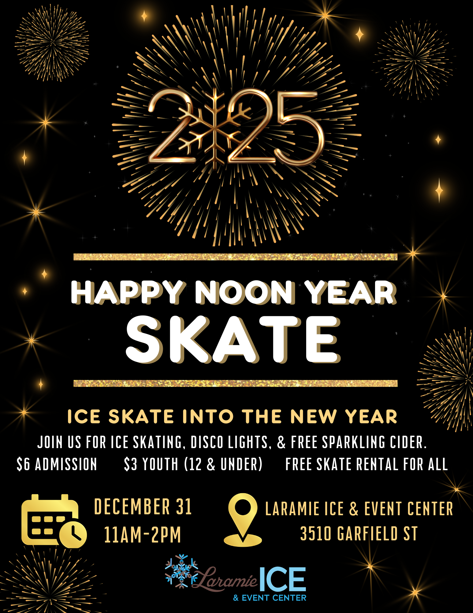 2024 Flyer for Happy Noon Year Skate with time, location, and admission information